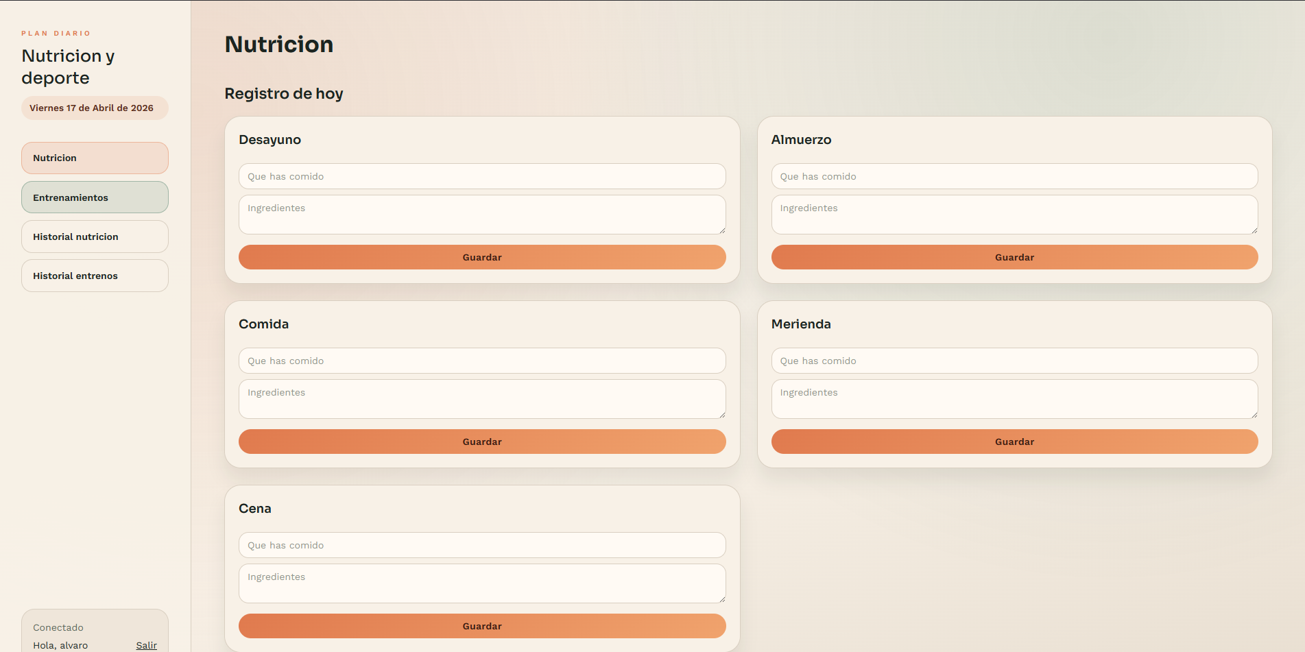 Capturas de la app de seguimiento de comidas y entrenamientos