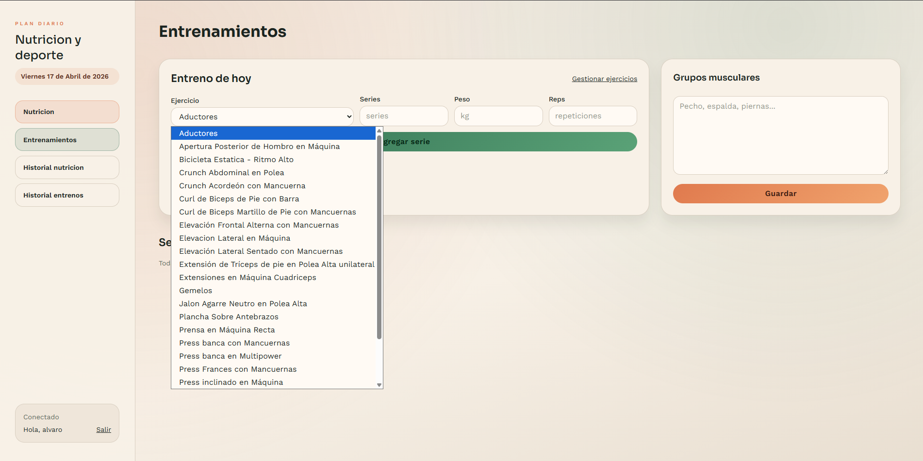 Capturas de la app de seguimiento de comidas y entrenamientos